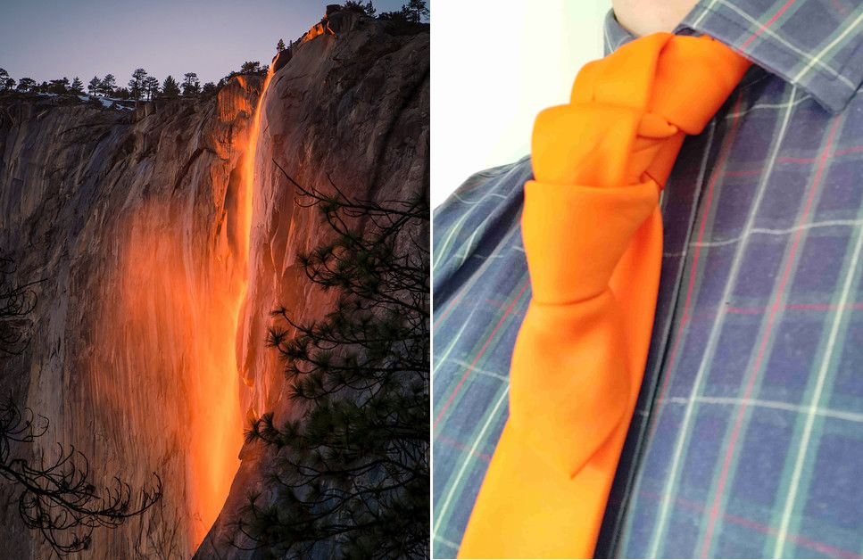 side by side comarison of Yosemite firefall and Elli’s waterfall tie knot in orange